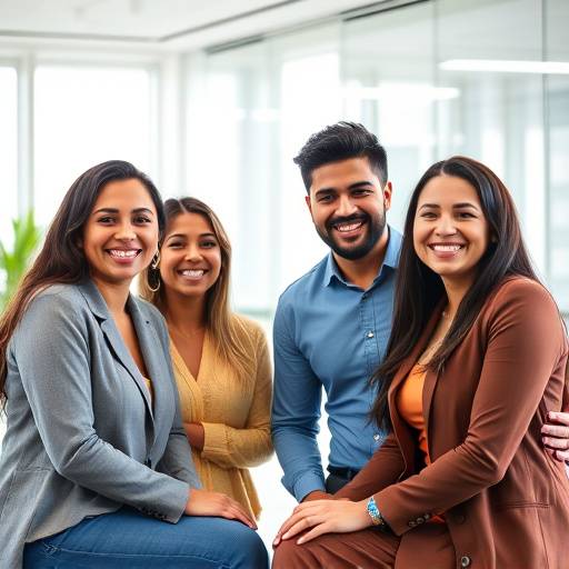 Foto da equipe da Eloquência Brasil, sorrindo e reunida em um ambiente de trabalho moderno.